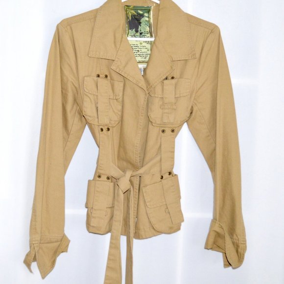 Vintage Women's Safari Style Belted Tan Jacket with Military Tactical Pockets - Picture 4 of 5